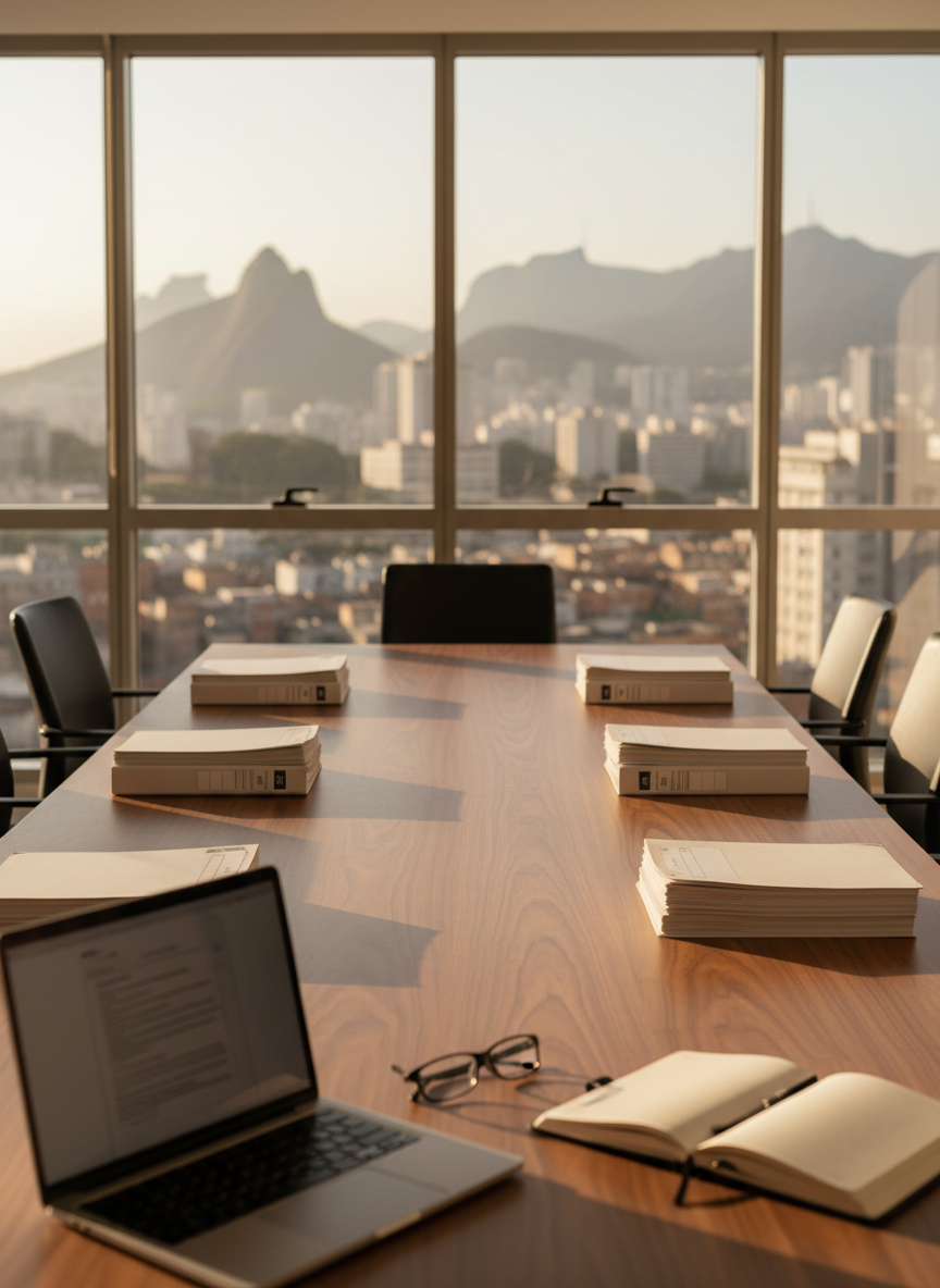 Ambiente de reunião do escritório Lessa e Nascimento Advocacia no Rio de Janeiro.