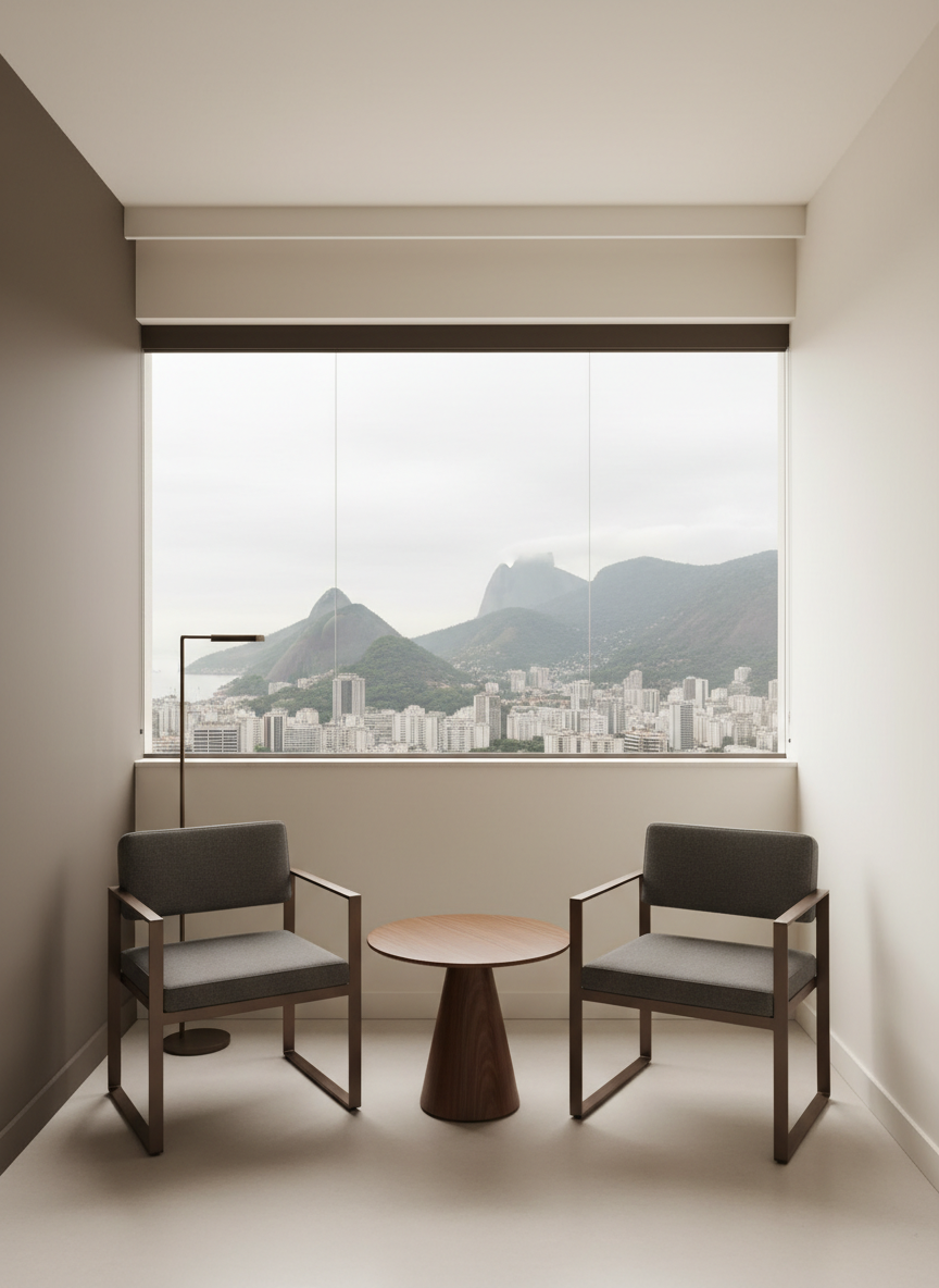 An elegant photographic view of a professional consultation setting in Rio de Janeiro: a warm graphite-toned meeting room with two chairs facing each other across a walnut table and a window framing a softly blurred Rio cityscape.