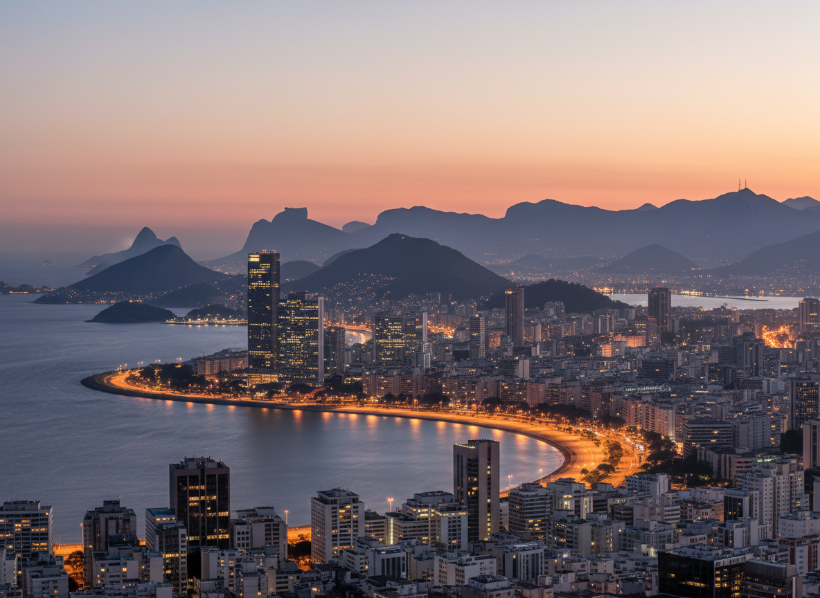 Sober, modern photographic view of Rio de Janeiro's business district at dusk, professional office buildings and the coastline with soft warm light, muted navy and warm tones, sophisticated and calm, no people in foreground, editorial real-estate photography style