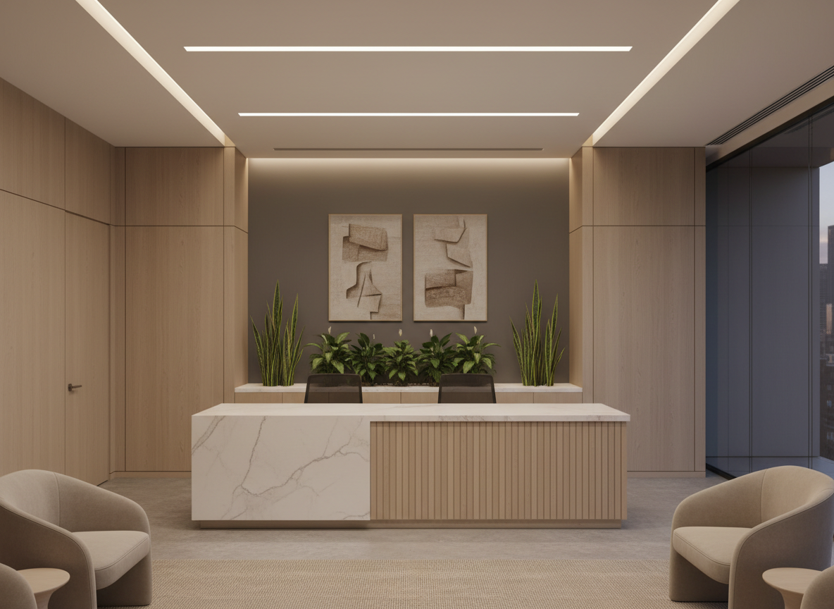 Modern and elegant law firm reception area. Sophisticated interior design with neutral tones — white, beige, warm grey, natural wood. Minimalist reception desk, subtle potted plants, soft professional lighting. Clean walls with absolutely no text, no letters, no signage, no logos, no names anywhere on the walls or surfaces. High-end architectural photography. Horizontal format.