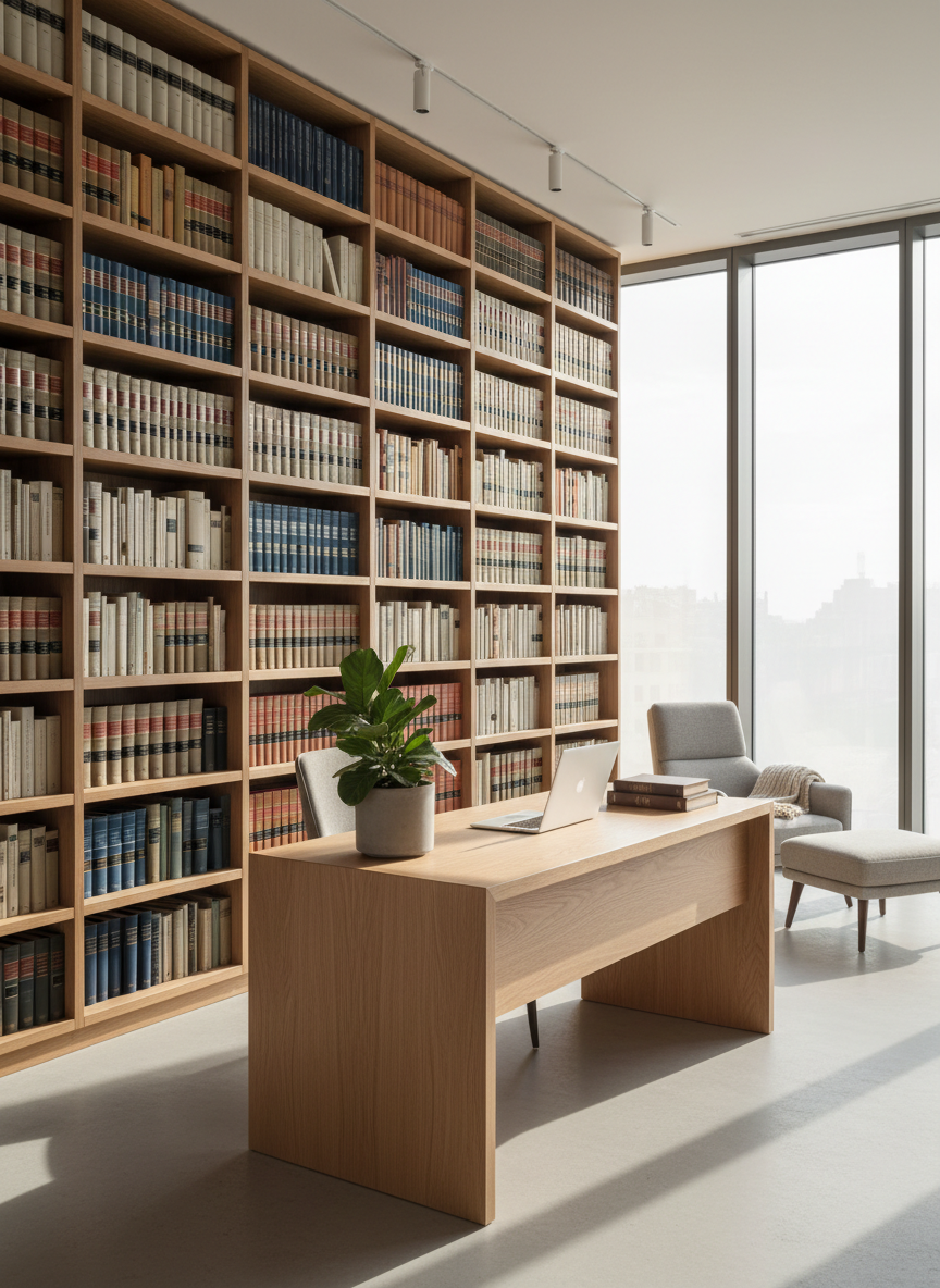 A bright, modern and tasteful law office library and desk. Sleek wooden bookshelves with neatly organized legal books in neutral tones. A clean, minimalist desk with a laptop, a small potted plant, and a few carefully placed books. Warm natural light flooding in, soft shadows, contemporary Scandinavian-inspired interior design. No clutter, no people. High-end, editorial feel.
