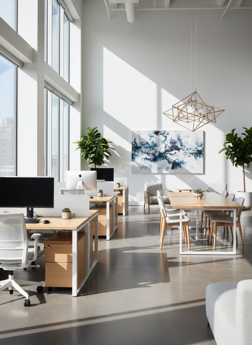 Modern law office interior with light-colored furniture, white or light wood desks, bright and airy atmosphere, clean minimalist design, professional setting, no people, natural light, contemporary style
